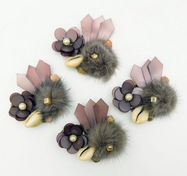 Hand Embroidered Metallic Grey Applique With Cowrie Shell, Sequins,Pearl and Feather Pom Pom